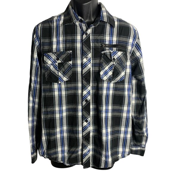 Eighty Eight Button Up Plaid Shirt L Black White Roll Tab Sleeves Chest Pockets - Picture 1 of 5